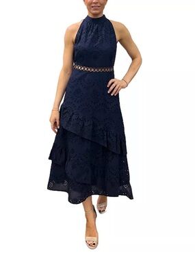Sam Edelman Navy Eyelet Lace Halter Midi Dress Cutout Waist Tiered Elegant Dress